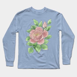 Pink Watercolor Rose Illustration Long Sleeve T-Shirt